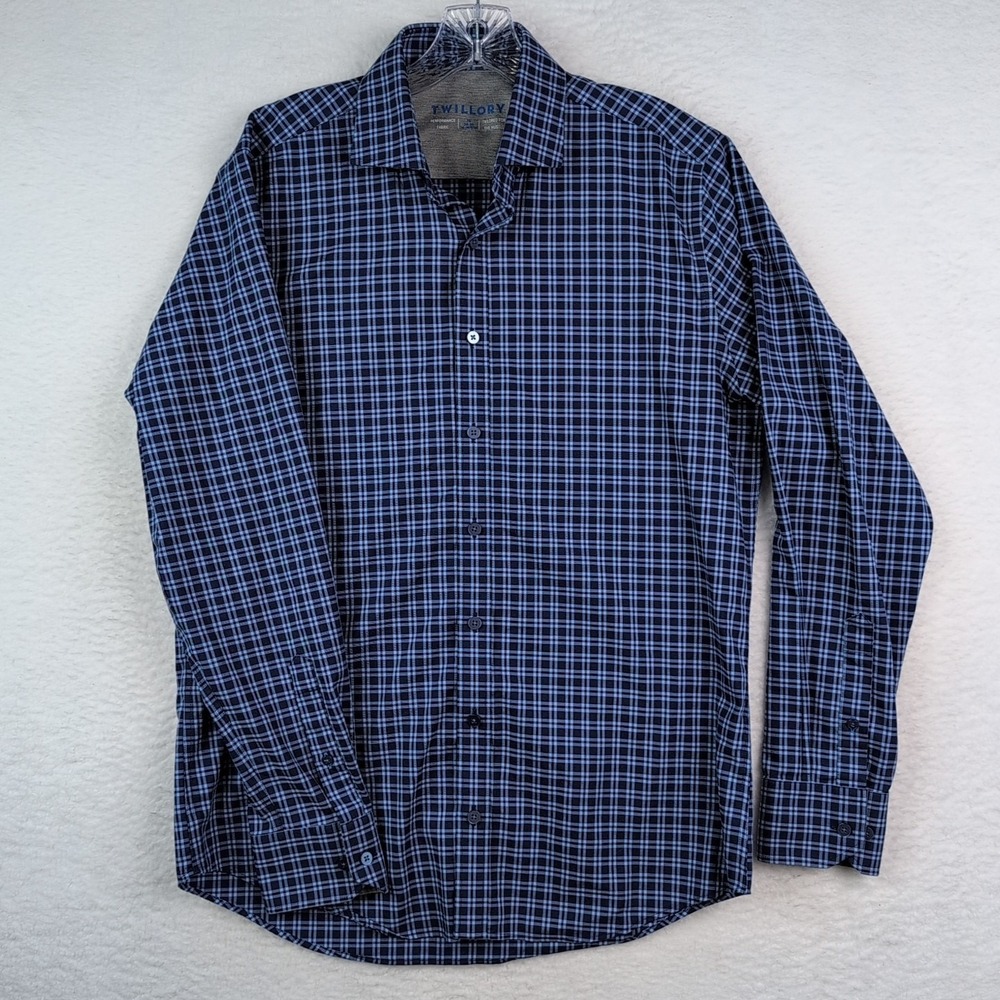 Twillory Mens 16 34/35 Tailored Fit Blue Plaid Performance Dress Shirt